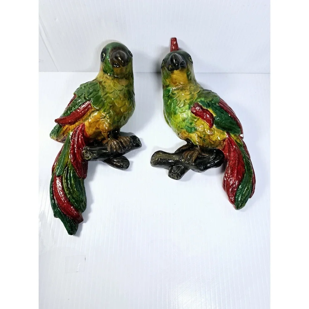 Mid-Century Chalkware Parrot Bird Wall Hanging Sculptures Set Of 2 Tropical Life